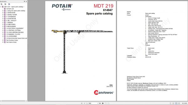 Manitowoc Cranes MDT219 PM 614947 ENU Spare Parts Manual PDF 1