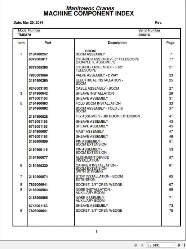 Manitowoc Cranes PM 220216 TMS870 000 PARTS Spare Parts Manual PDF 1