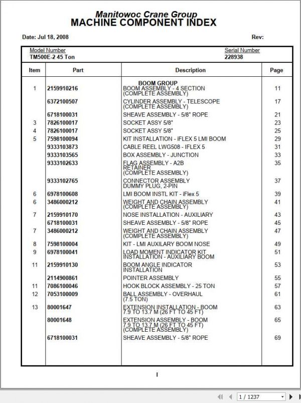 Manitowoc Cranes PM 228938 000 TM500E 2 45 Ton Spare Parts Manual PDF 1