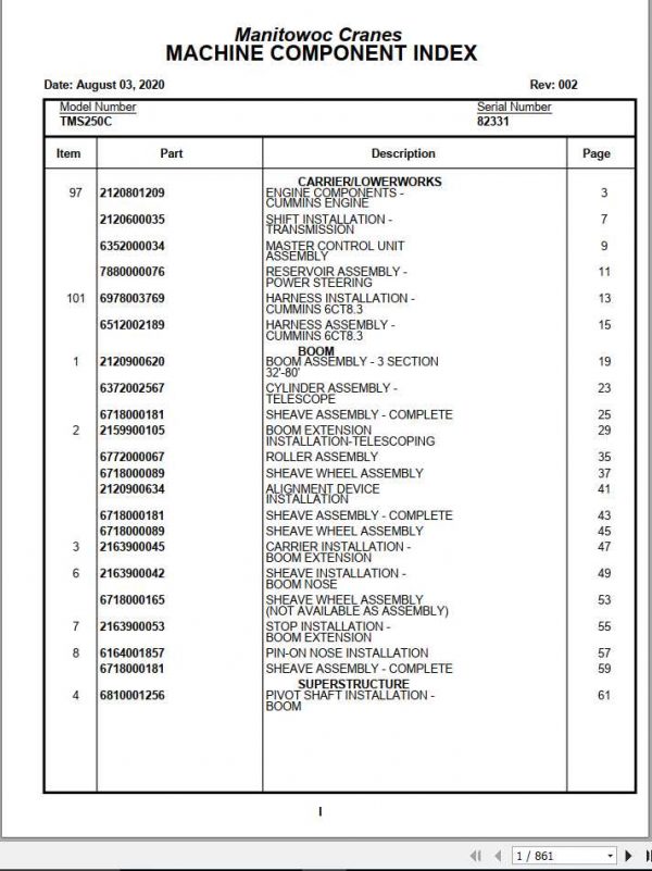 Manitowoc Cranes PM 82331 002 TMS250C Spare Parts Manual PDF 1