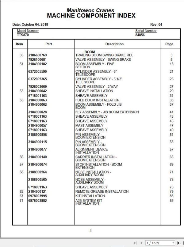 Manitowoc Cranes TTS870 PM 84856 004 Spare Parts Manual PDF 1