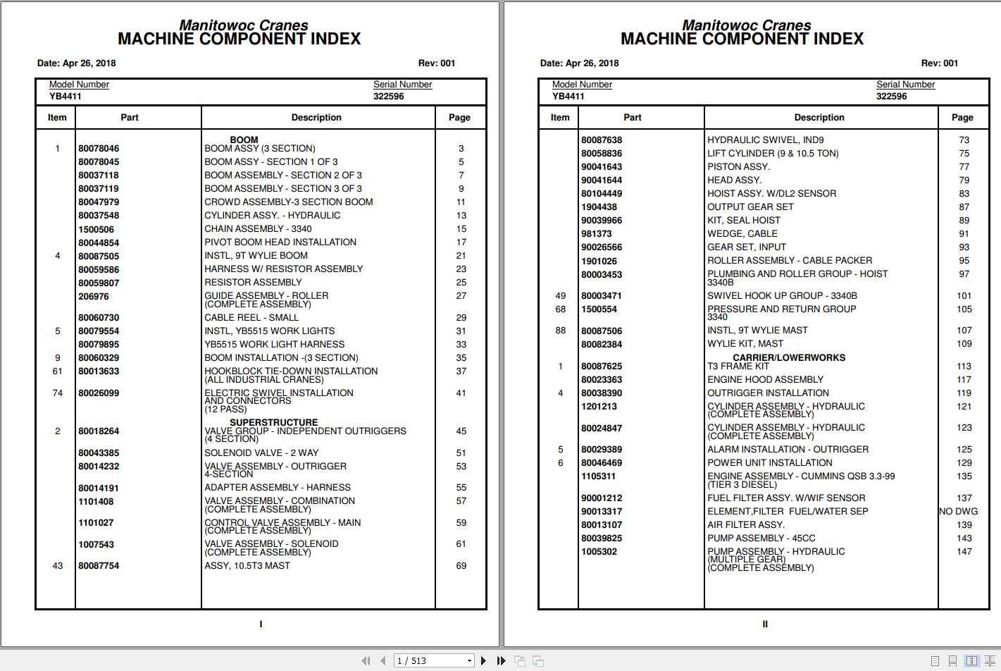 Manitowoc Cranes YB4411 Spare Parts Catalog 1