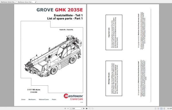 Manitowoc Grove Crane GMK 2035E 3117165 20080601 Spare Parts Catalog 1
