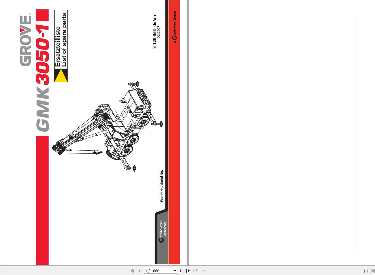 Manitowoc Grove Crane GMK 3050 1 3129653 20070201 Spare Parts Catalog 1