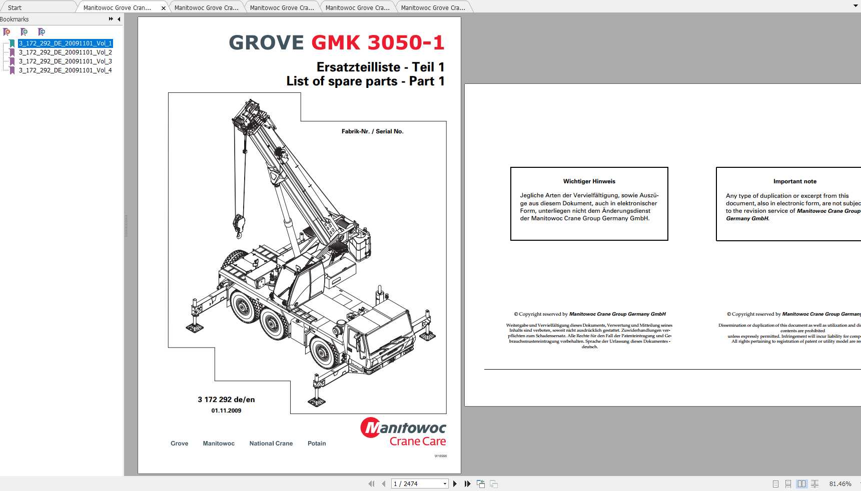 Manitowoc Grove Crane GMK 3050 1 3172292 20091101 Spare Parts Catalog 1 1