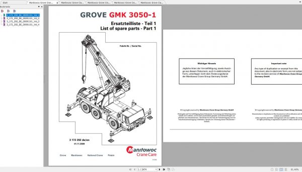 Manitowoc Grove Crane GMK 3050 1 3172292 20091101 Spare Parts Catalog 1