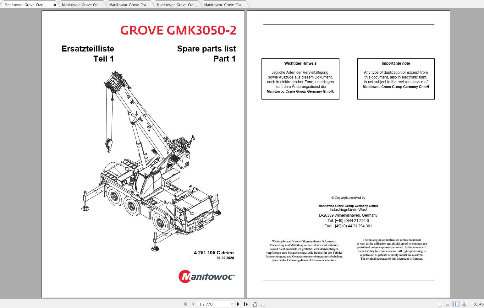 Manitowoc Grove Crane GMK 3050 2 4251105C 20200201 Spare Parts Catalog 1 1