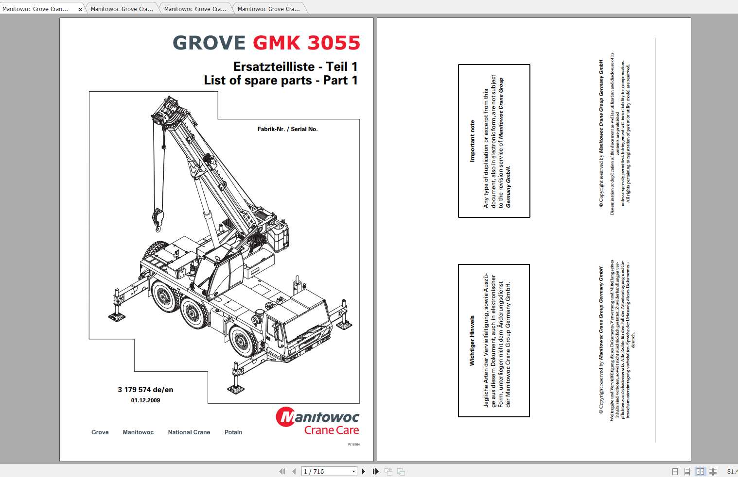Manitowoc Grove Crane GMK 3055 3179574 20091201 Spare Parts Catalog 1