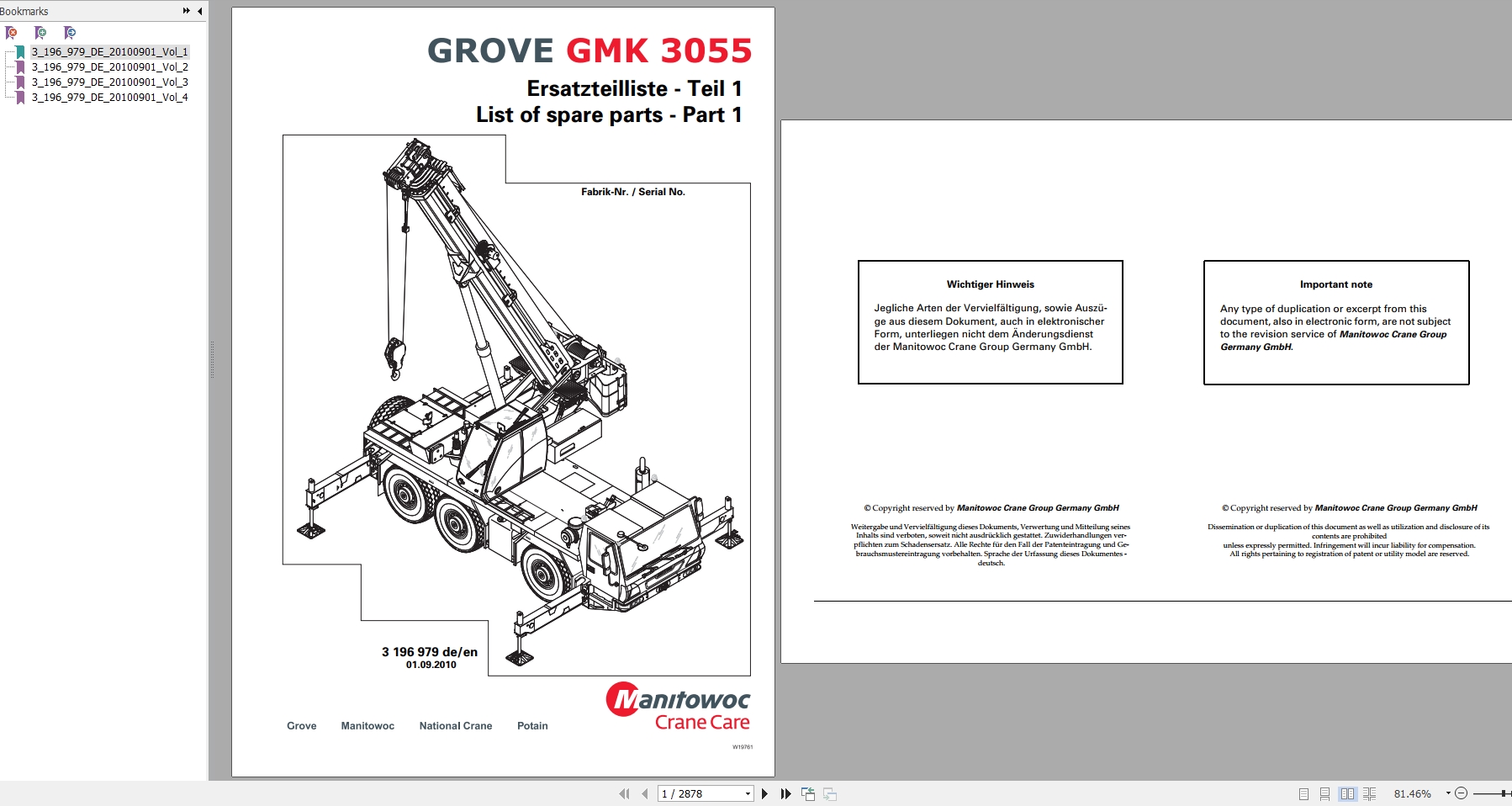 Manitowoc Grove Crane GMK 3055 3196979 20100901 Spare Parts Catalog 1