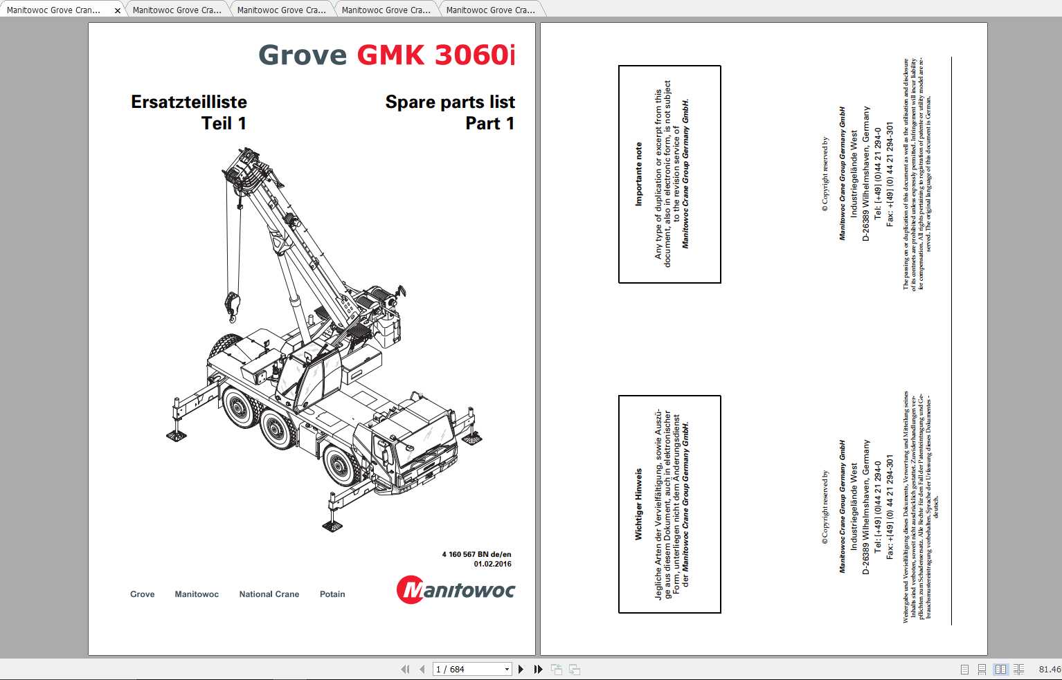 Manitowoc Grove Crane GMK 3060I 4160567BN 20160201 Spare Parts Catalog 1