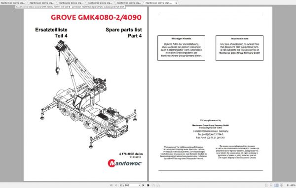 Manitowoc Grove Crane GMK 4080 2 4090 4176300B 20180301 Spare Parts Catalog 1
