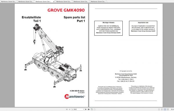 Manitowoc Grove Crane GMK 4090 4294820B 20191001 Spare Parts Catalog 1
