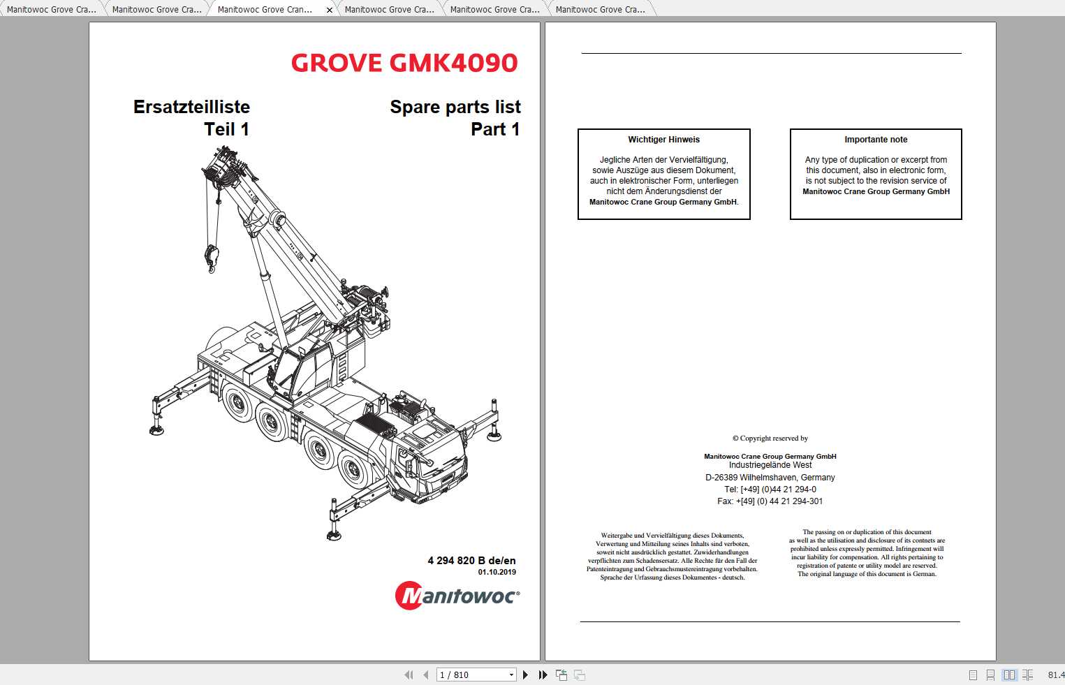 Manitowoc Grove Crane GMK 4090 4294820B 20191001 Spare Parts Catalog 1