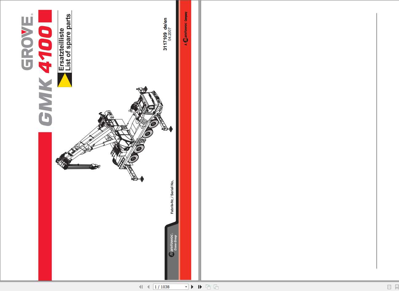 Manitowoc Grove Crane GMK 4100 3117109 20070401 Spare Parts Catalog 1