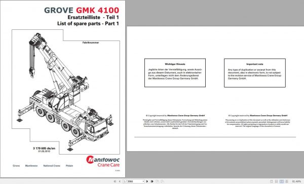 Manitowoc Grove Crane GMK 4100 3179605 20100501 Spare Parts Catalog 1
