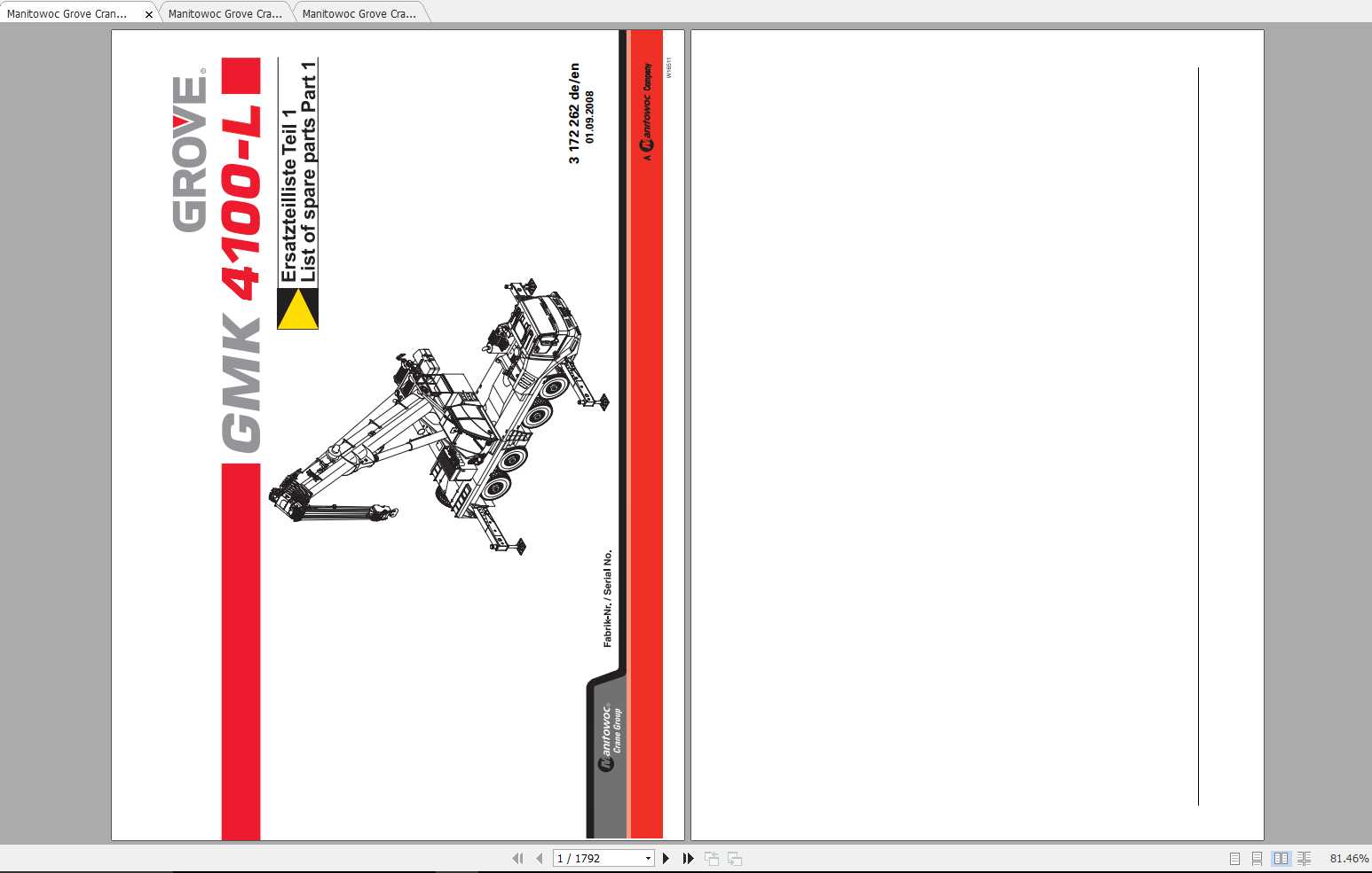 Manitowoc Grove Crane GMK 4100 L 3172262 20080901 Spare Parts Catalog 1