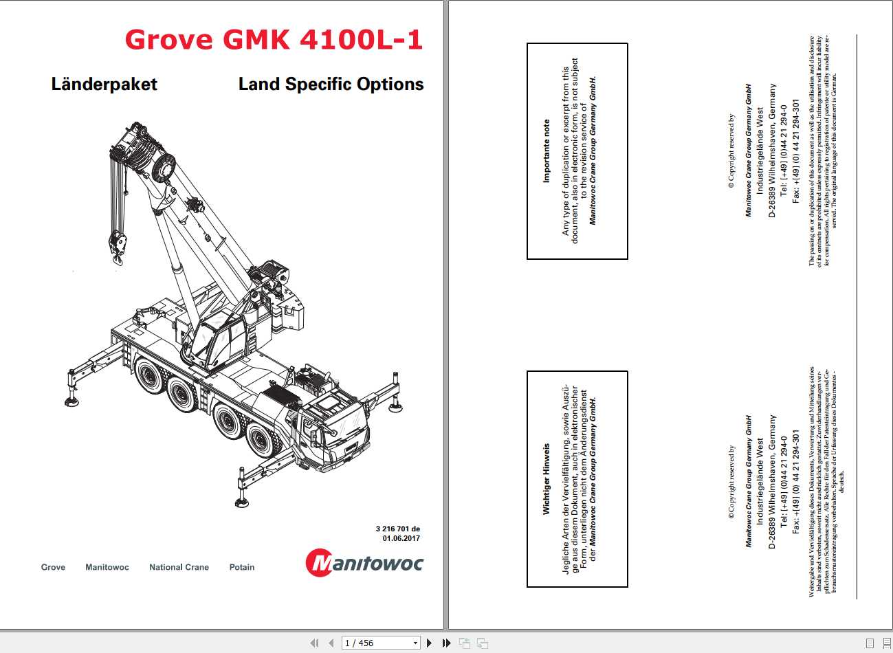 Manitowoc Grove Crane GMK 4100L 1 3216701 20170601 Land Specific Options Spare Parts Catalog 1