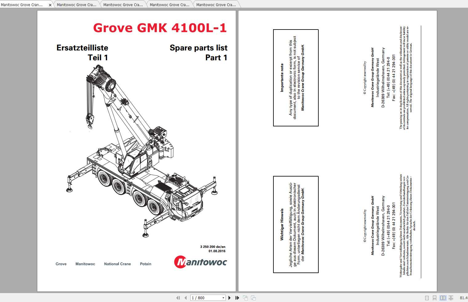Manitowoc Grove Crane GMK 4100L 1 3250200 20160801 Spare Parts Catalog 1