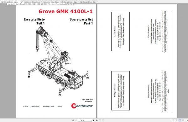 Manitowoc Grove Crane GMK 4100L 1 3250200B 20161001 Spare Parts Catalog 1