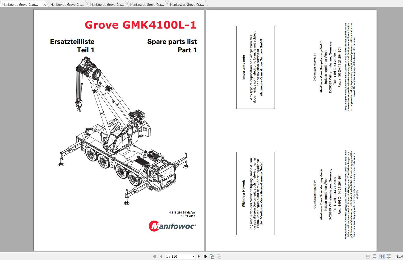 Manitowoc Grove Crane GMK 4100L 1 4218280B4 20170901 Spare Parts Catalog 1