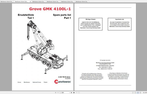 Manitowoc Grove Crane GMK 4100L 1 4230700B 20180201 Spare Parts Catalog 1
