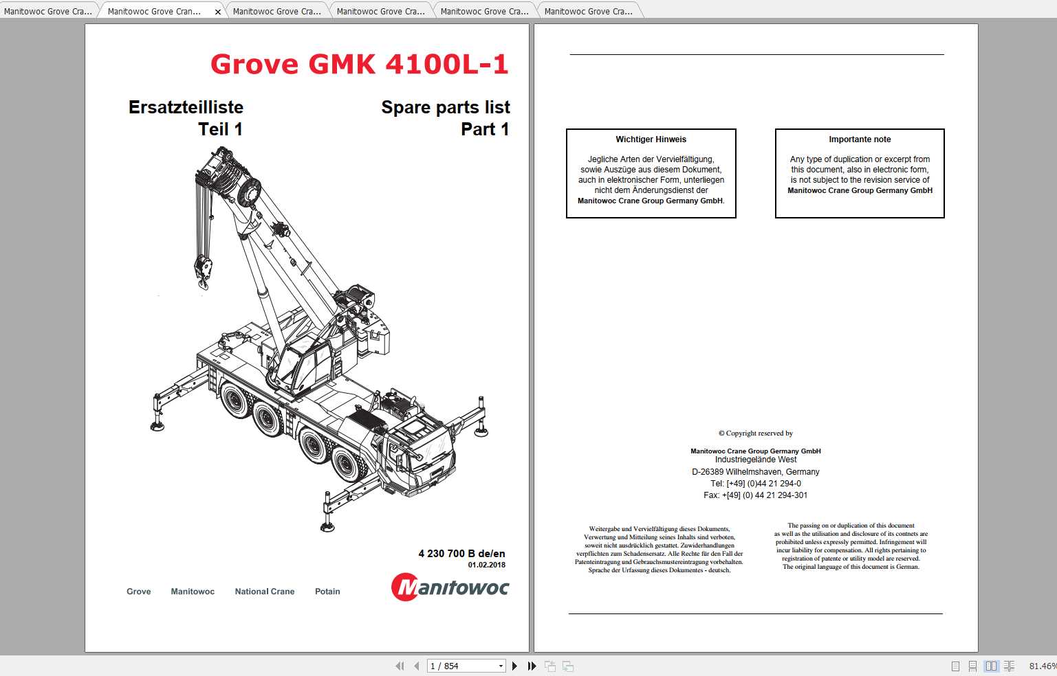 Manitowoc Grove Crane GMK 4100L 1 4230700B 20180201 Spare Parts Catalog 1