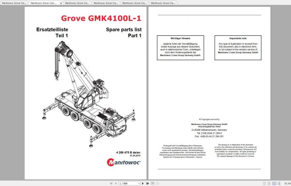Manitowoc Grove Crane GMK 4100L 1 4288475B 20190601 Spare Parts Catalog 1