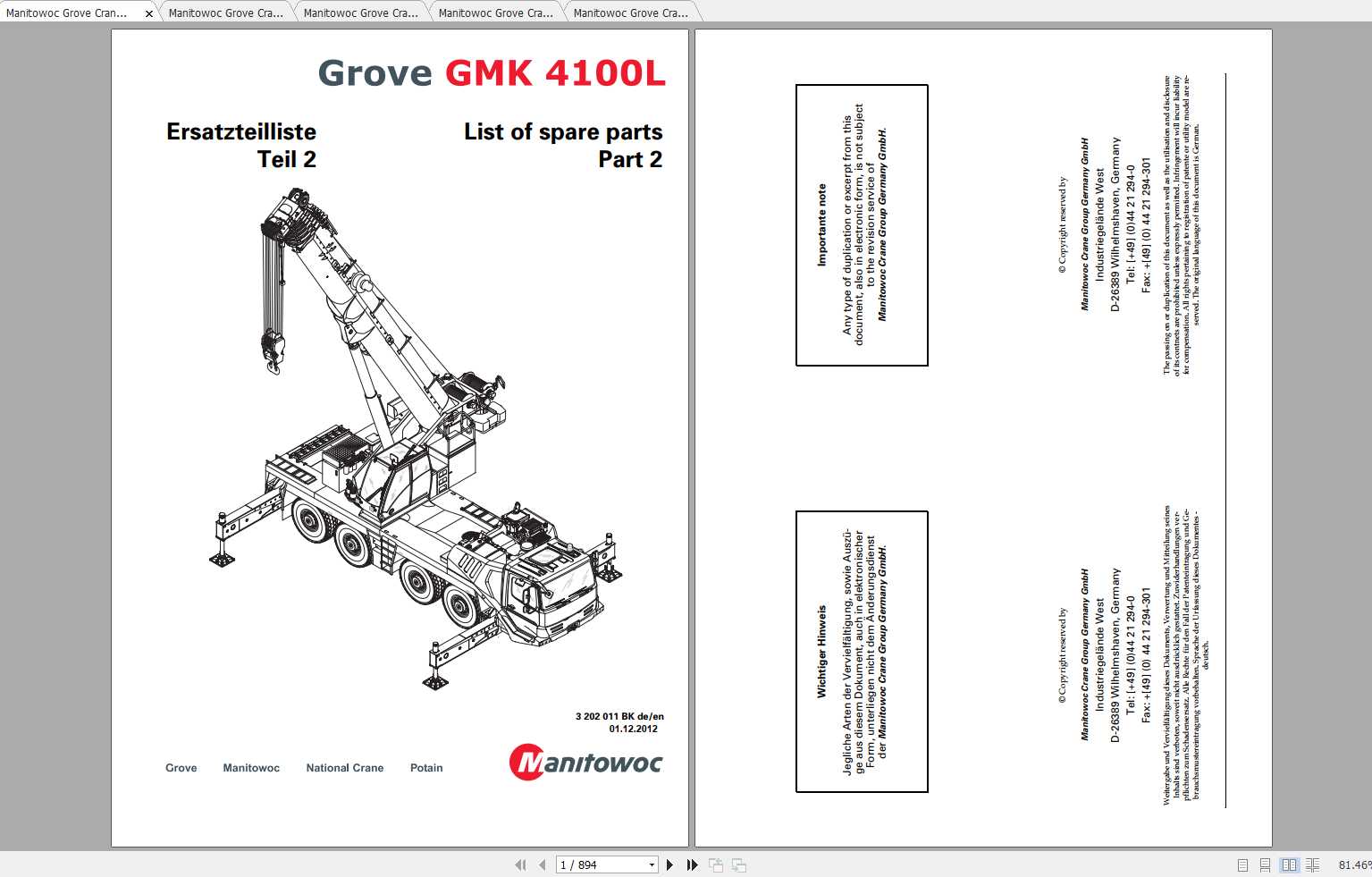 Manitowoc Grove Crane GMK 4100L 3202011BK 20121201 Spare Parts Catalog 1