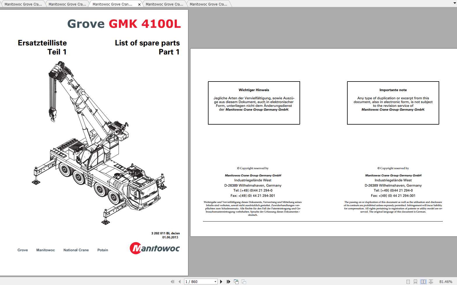 Manitowoc Grove Crane GMK 4100L 3202011BL 20130601 Spare Parts Catalog PDF 1