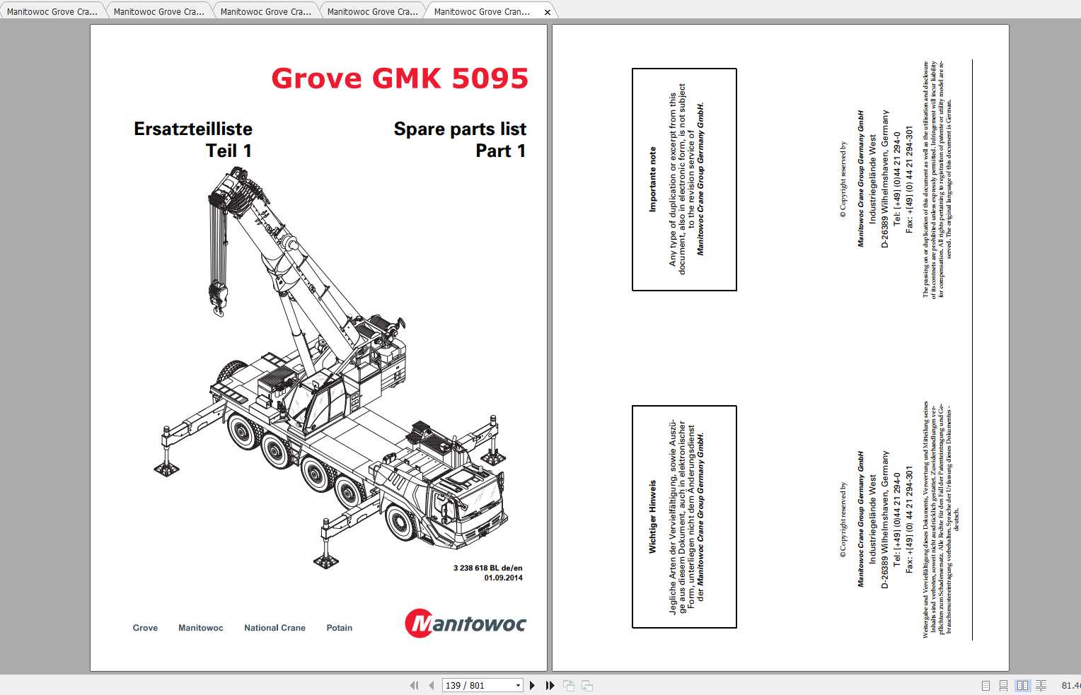 Manitowoc Grove Crane GMK 5095 3238618BL 20140901 Spare Parts Catalog 1