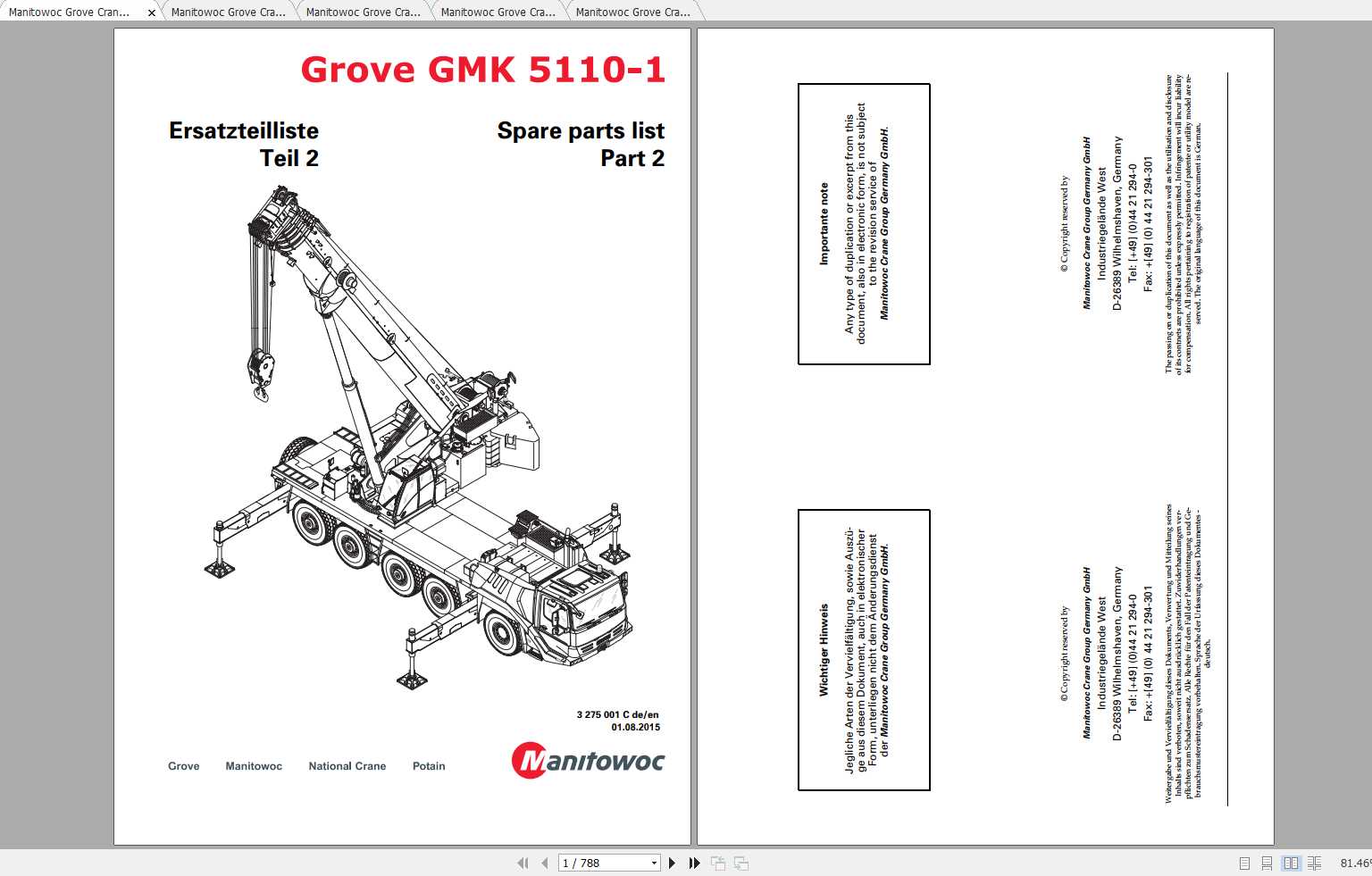 Manitowoc Grove Crane GMK 5110 1 3275001C 20150801 Spare Parts Catalog 1
