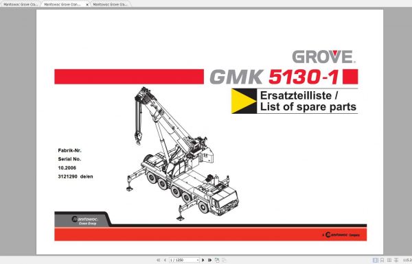 Manitowoc Grove Crane GMK 5130 1 3121290 20061001 Spare Parts Catalog 1