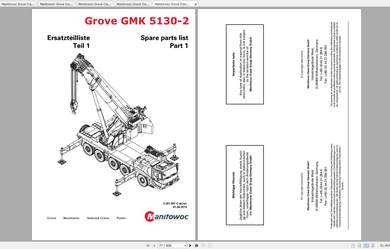 Manitowoc Grove Crane GMK 5130 2 3261007C 20150801 Spare Parts Catalog 1
