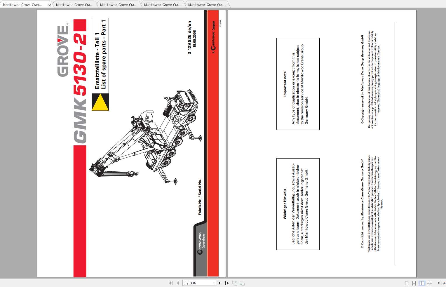Manitowoc Grove Crane GMK 5130 2 Spare Parts Catalogs 1
