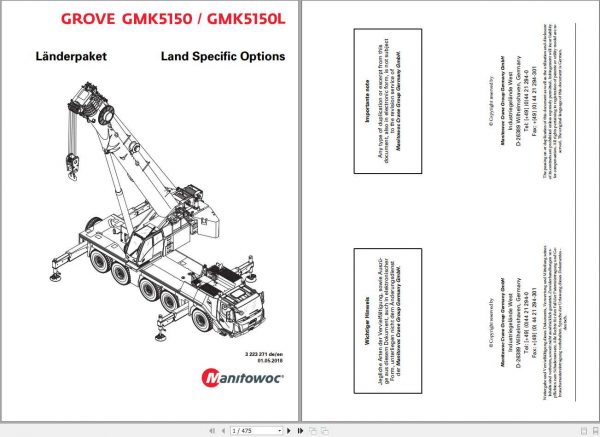 Manitowoc Grove Crane GMK 5150 5150L 3223271 20180501 Land Specific Options Spare Parts Catalog 1