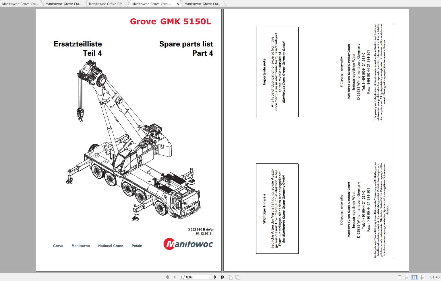 Manitowoc Grove Crane GMK 5150L 3252690B 20161201 Spare Parts Catalog 1