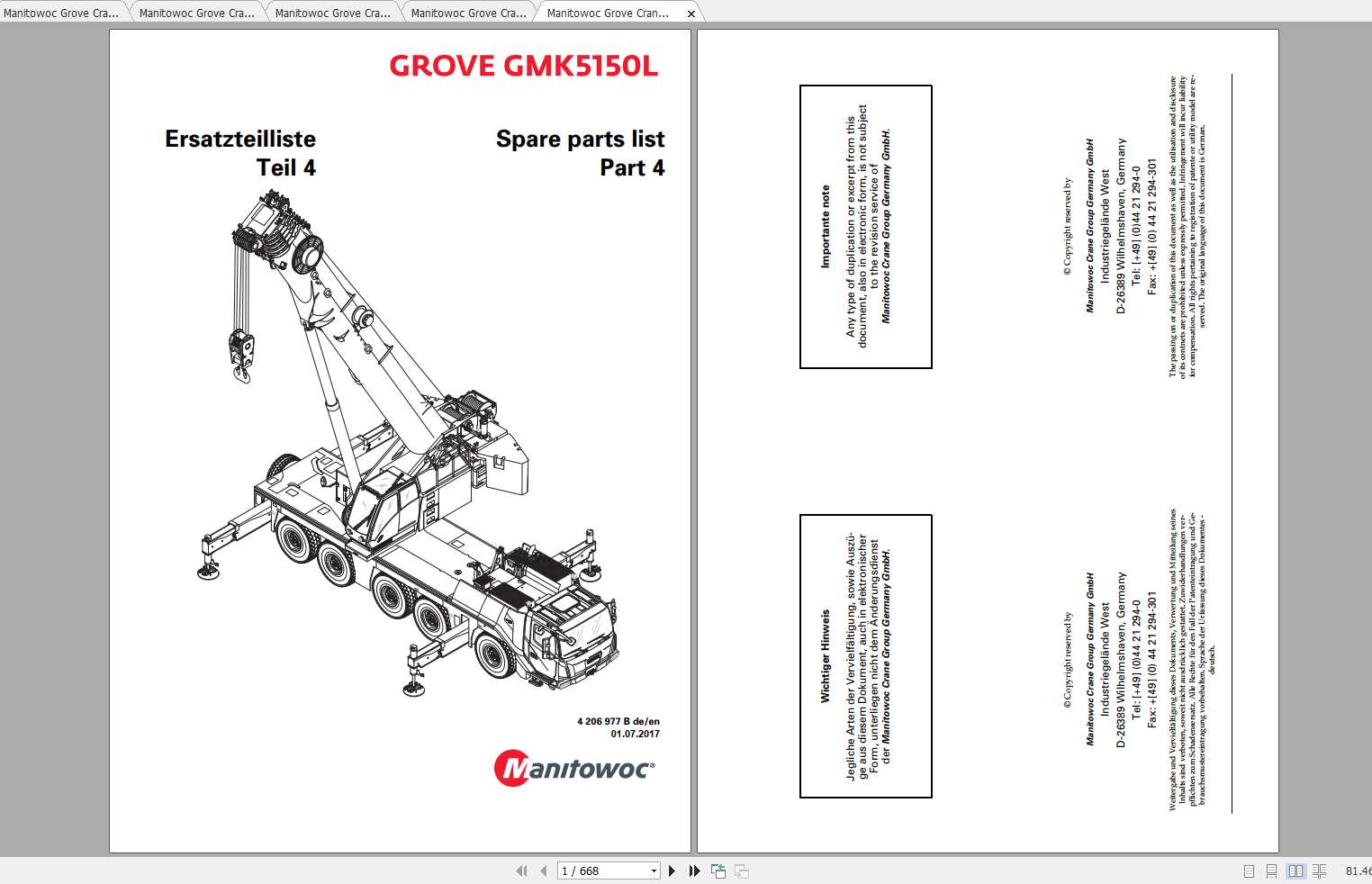Manitowoc Grove Crane GMK 5150L 4206977B 20170701 Spare Parts Catalog 1