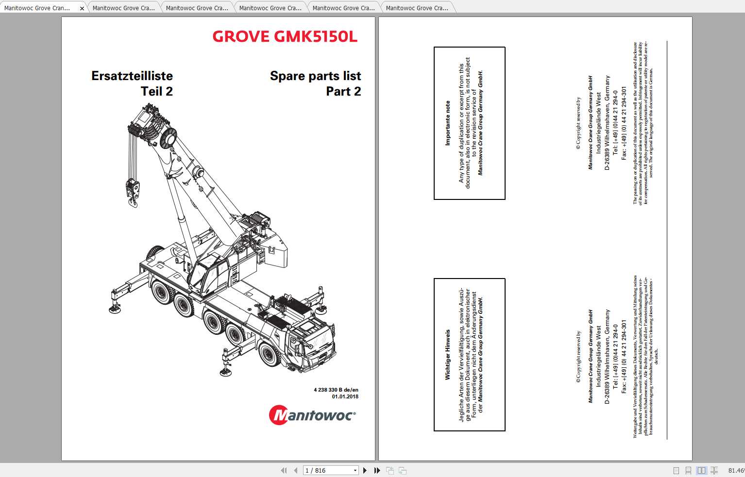 Manitowoc Grove Crane GMK 5150L 4238330B 20180101 Spare Parts Catalog 1