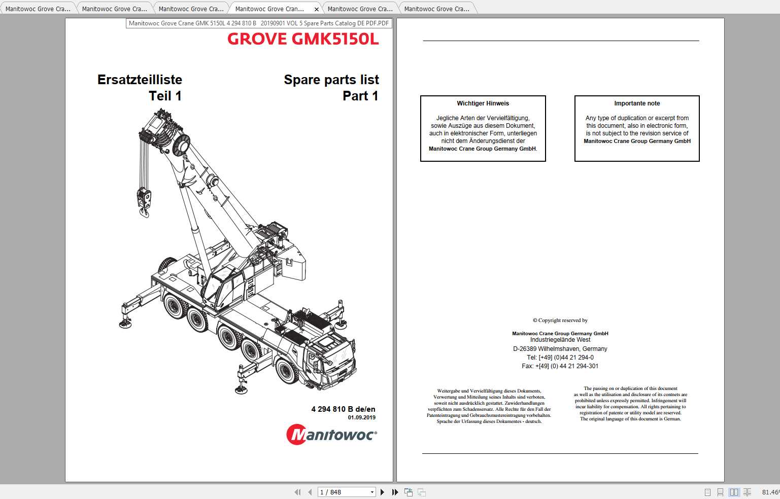 Manitowoc Grove Crane GMK 5150L 4294810B 20190901 Spare Parts Catalog 1