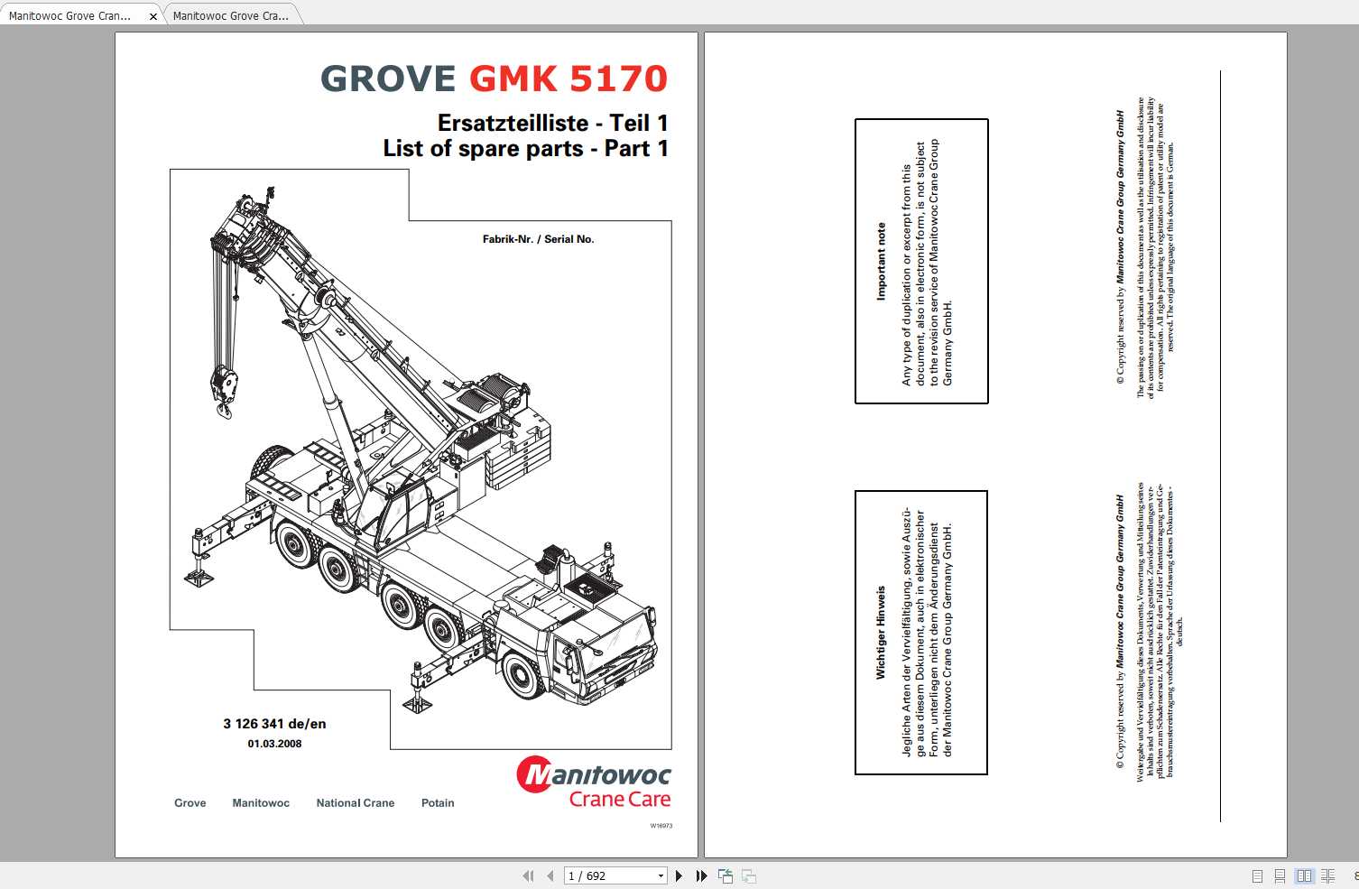 Manitowoc Grove Crane GMK 5170 3126341 20080301 Spare Parts Catalog 1