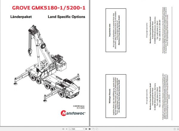 Manitowoc Grove Crane GMK 5180 1 5200 1 3248893 20181101 Land Specific Options Spare Parts Catalog 1