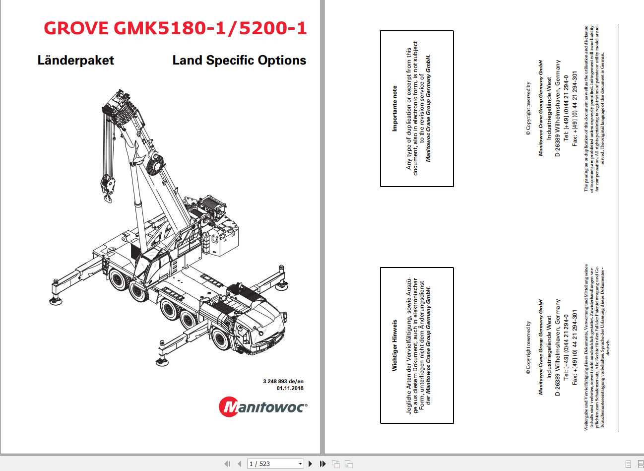 Manitowoc Grove Crane GMK 5180 1 5200 1 3248893 20181101 Land Specific Options Spare Parts Catalog 1