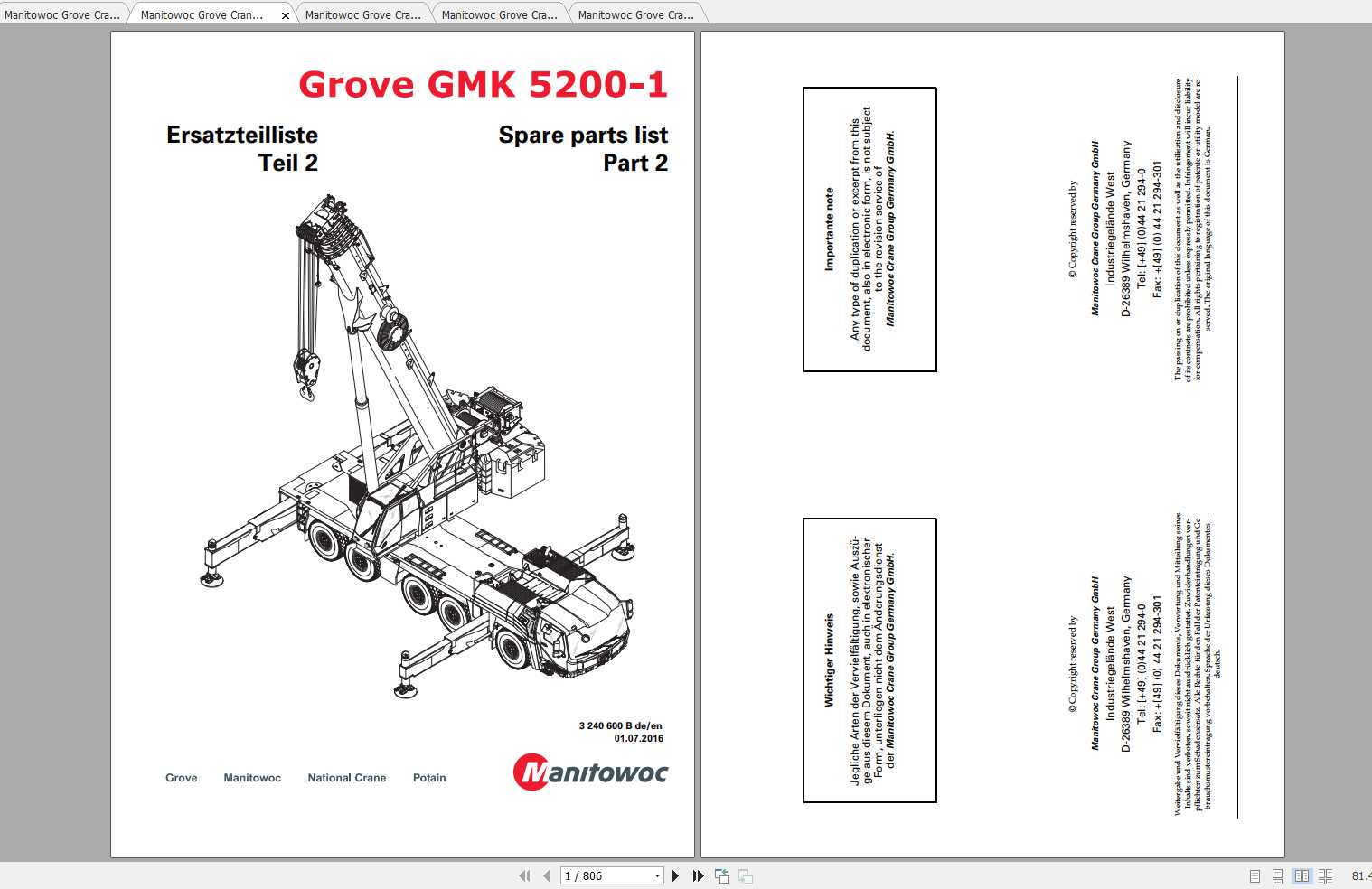 Manitowoc Grove Crane GMK 5200 1 3240600B 20160701 Spare Parts Catalog 1