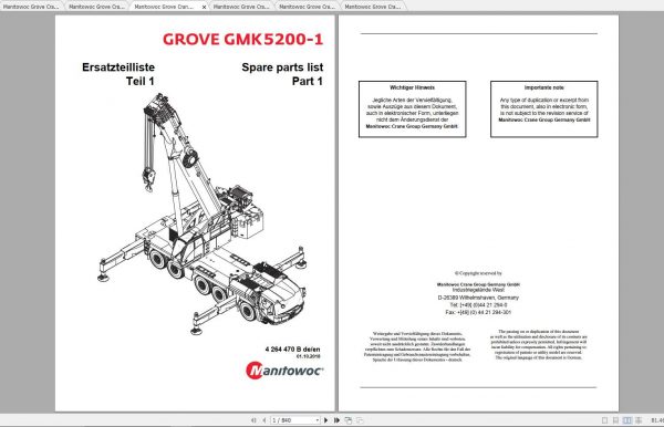 Manitowoc Grove Crane GMK 5200 1 4264470B 20181001 Spare Parts Catalog 1