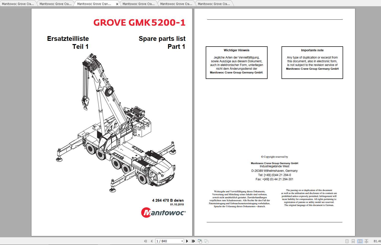 Manitowoc Grove Crane GMK 5200 1 4264470B 20181001 Spare Parts Catalog 1