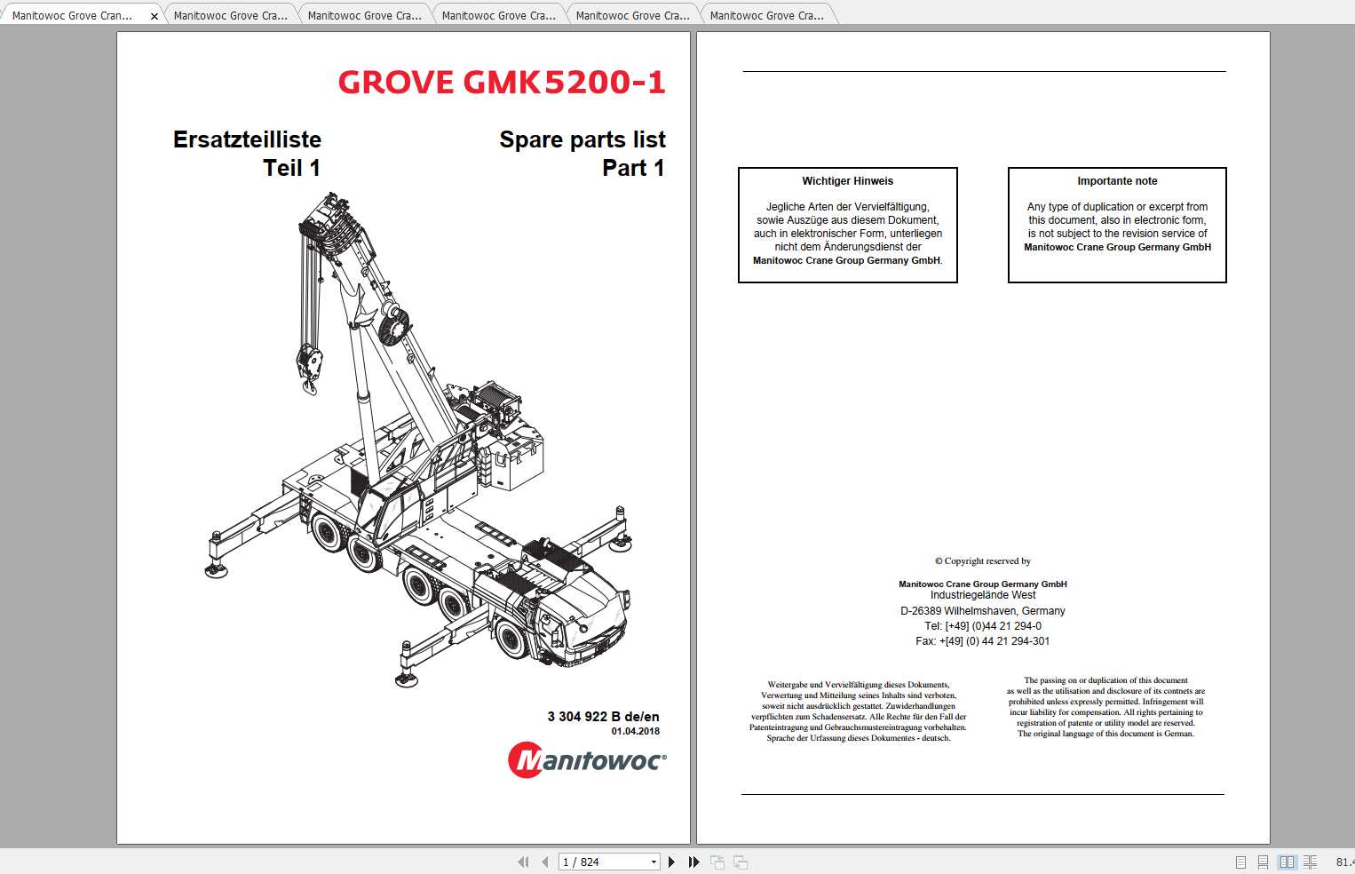 Manitowoc Grove Crane GMK 5220 1 3304922B 20180401 Spare Parts Catalog 1