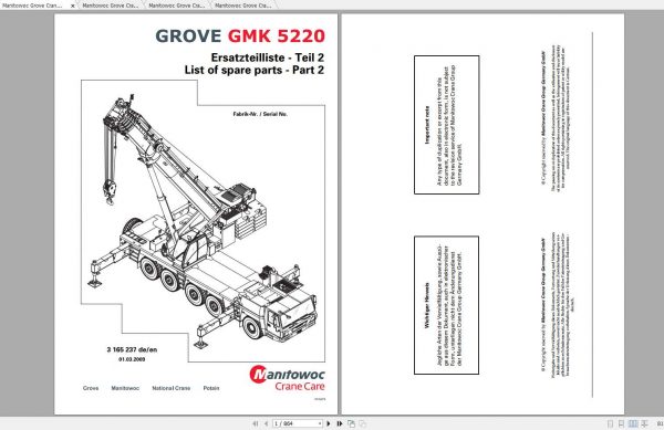 Manitowoc Grove Crane GMK 5220 3165237 20090301 Spare Parts Catalog 1