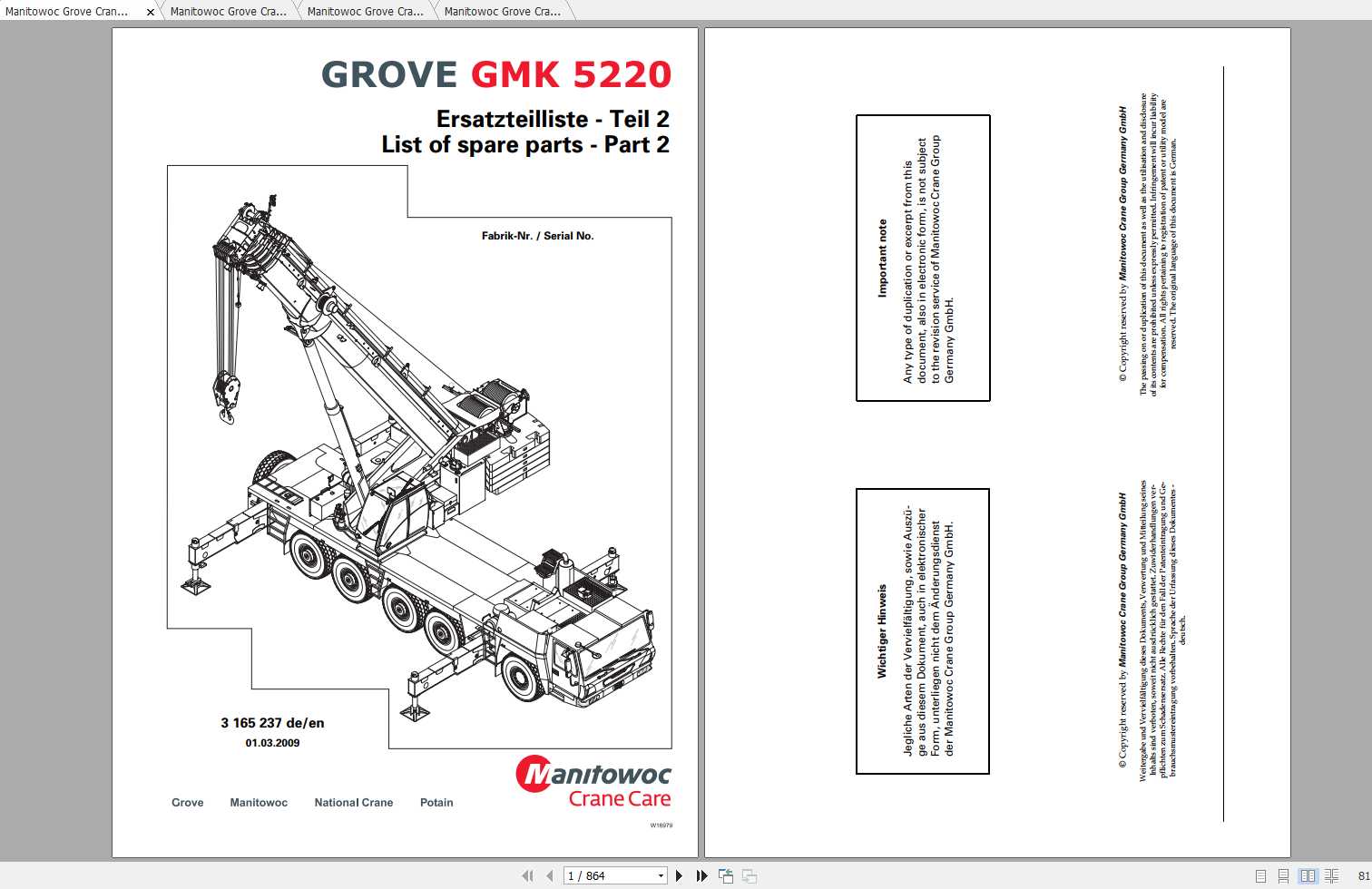 Manitowoc Grove Crane GMK 5220 3165237 20090301 Spare Parts Catalog 1