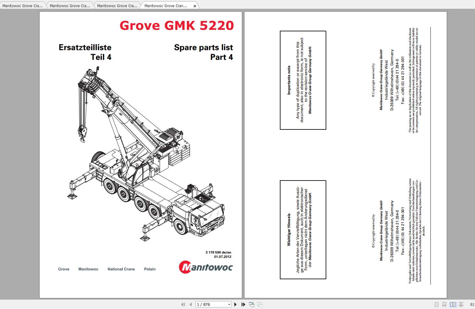 Manitowoc Grove Crane GMK 5250L 3224100BN 20170501 Spare Parts Catalog