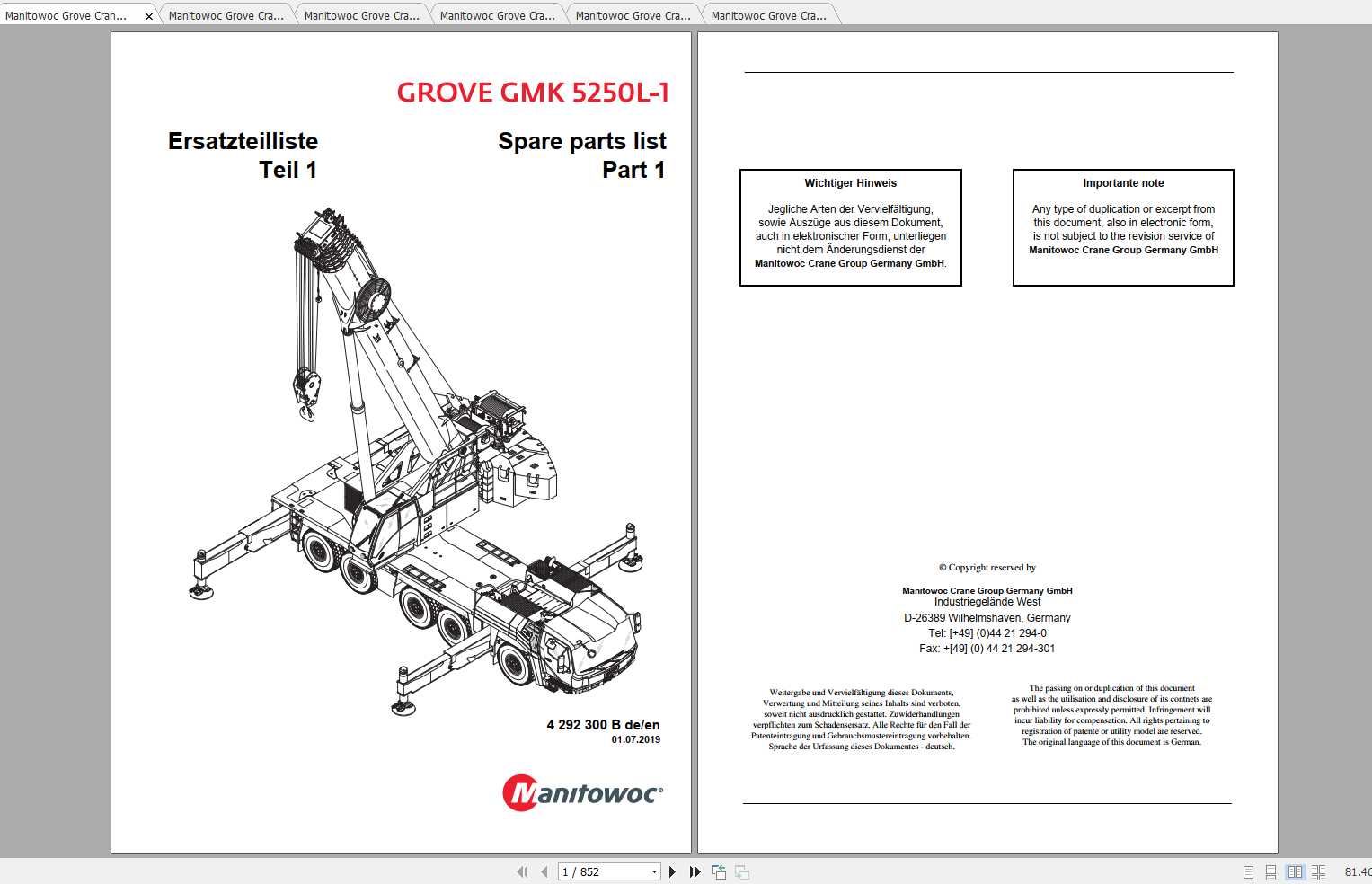 Manitowoc Grove Crane GMK 5250L 1 4292300B 20190701 Spare Parts Catalog 1